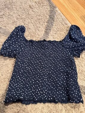 American Eagle Navy Blue Smocked Polka Dot Puff Sleeve Top XS
